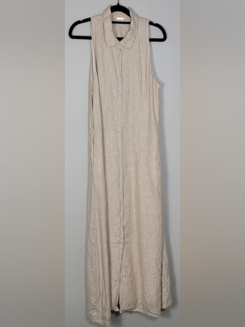 Magaschoni 100% Linen Striped Button Front Maxi Shirt Dress Size Medium